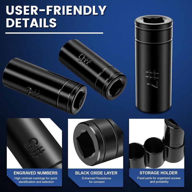 DikTalk 70700 Tap Socket Set, 11-Piece 1/4" & 3/8" Drive Taps Sockets Adapter for Metric & Standard Taps, Compatible with 1/2" and 1/8" NPT, Includes Non-M.C.T.I. Standard Tap - Image 4